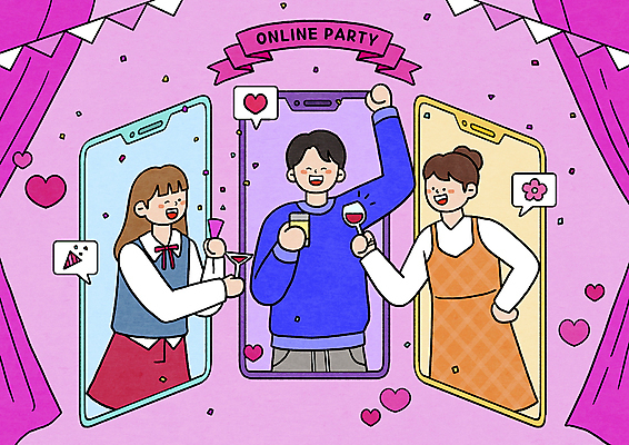 PSD 여자 남자 꽃 분홍색 말풍선 와인잔 일러스트 모바일 폭죽 들기 상반신 성인 세명 친구 스마트폰 와인 하트 축하 커튼 건배 꽃가루 온라인 가랜드 화상통화 홈파티 성인만 송년회 언택트 온택트 랜선라이프 온라인파티 국내일러스트 모양 식물 라이프스타일 컬러 컨셉 술잔 관계 모션 주류 사람 핸드폰 스마트기기 파티 가루 파티용품 통화 연말 파일형식