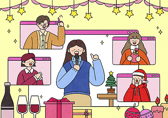 PSD 여자 남자 별 와인잔 일러스트 초 모바일 선물 들기 여러명 상반신 성인 선물상자 크리스마스트리 노란색 와인 콘서트 응원용품 사회자 와인병 마이크 손모으기 온라인 가랜드 연말 화상통화 성인만 오너먼트 송년회 언택트 온택트 랜선라이프 온라인파티 국내일러스트 자연요소 직업 라이프스타일 컬러 음향기기 다수 크리스마스장식 크리스마스 술잔 모션 병_용기 주류 사람 손짓 상자 공연 오브젝트 파티용품 통화 파일형식