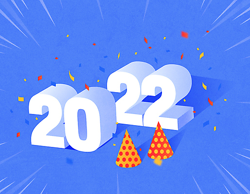 일러스트 새해 그림자 타이포그라피 사람없음 파란색 고깔모자 입체 꽃가루 입체문자 2022년 국내일러스트 AI파일 문자 모자_잡화 컬러 가루 연도 파일형식 벡터