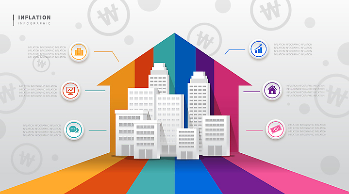 화살표 말풍선 지폐 돈 일러스트 부동산 그래프 사람없음 건물 모니터 동전 인포그래픽 도시 상승 부동산가격 집값상승 인플레이션 국내일러스트 AI파일 건축물 컨셉 경제 컴퓨터 재산 집값 파일형식 벡터