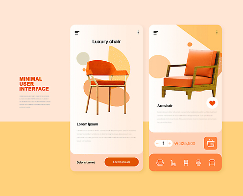 PSD 편집이미지 가구 의자 모바일 사람없음 스마트폰 소파 주황색 하트 어플리케이션 쇼핑몰 장바구니 온라인쇼핑 모바일쇼핑 UI 인터페이스 가구점 미니멀 이미지편집 모양 컬러 생활용품 핸드폰 스마트기기 쇼핑 바구니 상점 온라인 파일형식