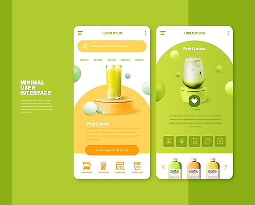 PSD 편집이미지 음료 모바일 잔 사람없음 연두색 스마트폰 노란색 하트 어플리케이션 과일주스 쇼핑몰 온라인쇼핑 모바일쇼핑 단상 UI 음료수병 인터페이스 미니멀 이미지편집 모양 식기 컬러 과일 초록색 핸드폰 스마트기기 쇼핑 주스 온라인 병_담는 파일형식