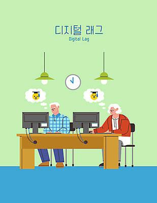 전신 여자 할아버지 노년 남자 할머니 시계 말풍선 의자 일러스트 학사모 조명 앉기 두명 연두색 컴퓨터 모니터 책상 이모티콘 컴퓨터수업 노인만 노인교육 디지털래그 국내일러스트 AI파일 모자_잡화 가구 졸업 모션 수업 사람 성인 초록색 전자제품 사회이슈 노인학교 성인만 파일형식 벡터