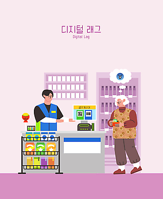 전신 여자 노년 남자 할머니 말풍선 지폐 일러스트 서기 들기 상반신 성인 두명 보라색 가리킴 계산 지갑 계산대 바코드 아르바이트 이모티콘 꺼내기 QR코드 곤란 셀프 어려움 편의점 포스기 무인매장 디지털래그 국내일러스트 AI파일 컬러 돈 모션 사람 손짓 상점 기계 사회이슈 파일형식 벡터