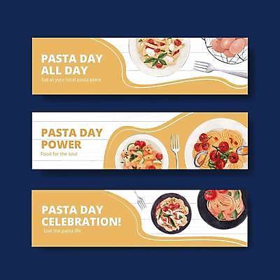 EPS 해외이미지 템플릿 접시 배너 가로배너 포크 일러스트 방울토마토 파스타 사람없음 노란색 이탈리아음식 펜네 배너세트 해외일러스트 식기 컬러 토마토 서양음식 가로 세트 파일형식 벡터 이미지허브
