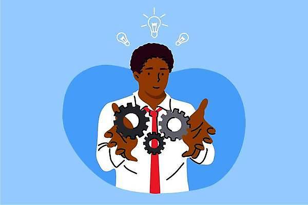 EPS 해외이미지 남자 흑인 하늘색 일러스트 비즈니스 전구 아이디어 한명 상반신 성인 비즈니스맨 톱니바퀴 보여주기 성인남자한명만 해외일러스트 서양인 1 컨셉 모션 사람 파란색 직장인 남자한명만 성인남자만 파일형식 벡터 이미지허브