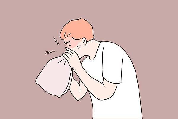 EPS 해외이미지 남자 일러스트 한명 들기 상반신 성인 종이봉투 호흡 베이지색 심호흡 우울증 성인남자한명만 공황장애 해외일러스트 1 컬러 모션 봉투 사람 질병 정신질환 남자한명만 성인남자만 파일형식 벡터 이미지허브