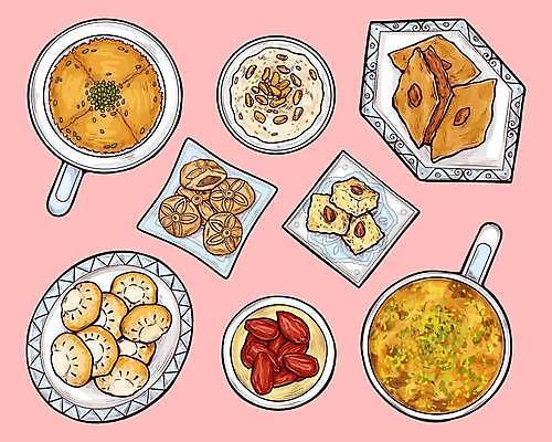 EPS 해외이미지 접시 외국문화 일러스트 디저트 사람없음 세트 메뉴 엘리먼트 중동음식 해외일러스트 식기 문화 음식 파일형식 벡터 이미지허브