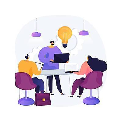 EPS 해외이미지 전신 여자 남자 의자 가방 일러스트 비즈니스 전구 회의 전등 아이디어 들기 앉기 성인 세명 노트북 책상 성인만 해외일러스트 잡화 가구 컨셉 모션 조명 사람 전자제품 파일형식 벡터 이미지허브