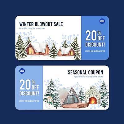 EPS 해외이미지 나무 영어 겨울 일러스트 타이포그라피 사람없음 파란색 눈 티켓 오두막 상품권 화로 시즌상품 해외일러스트 자연요소 식물 문자 그릇 계절 컬러 날씨 상품 파일형식 벡터 이미지허브