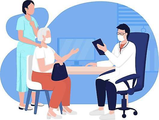 EPS 해외이미지 전신 여자 노년 남자 안경 하늘색 의자 일러스트 가족 청진기 마스크 서기 들기 사람 앉기 성인 세명 모니터 진료 얼굴없음 해외일러스트 잡화 가구 의학 관계 의료기기 모션 파란색 컴퓨터 파일형식 벡터 이미지허브