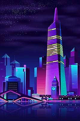EPS 해외이미지 별 야경 일러스트 하늘 빌딩 사람없음 빛 도시풍경 보라색 도시 가교 해외일러스트 자연요소 건축물 컬러 풍경 건물 야간 파일형식 벡터 풍경_경치 이미지허브