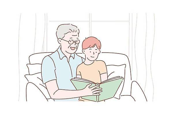 EPS 해외이미지 교육 할아버지 노년 남자 행복 어린이 일러스트 손자 들기 앉기 소년 상반신 두명 책 소파 독서 남자만 해외일러스트 감정 의자 모션 사람 성인 손주 파일형식 벡터 이미지허브