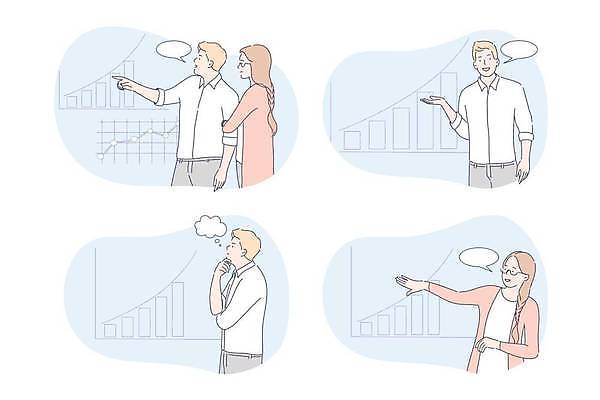 EPS 해외이미지 응시 여자 남자 하늘색 말풍선 일러스트 비즈니스 그래프 설명 여러명 상반신 성인 팔짱 가리킴 비즈니스맨 비즈니스우먼 발표 고민 성인만 해외일러스트 시선 감정 다수 모션 사람 손짓 파란색 직장인 파일형식 벡터 이미지허브