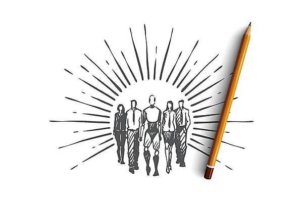 EPS 해외이미지 전신 여자 남자 컨셉 일러스트 비즈니스 협력 함께함 여러명 성인 비즈니스맨 비즈니스우먼 스케치 로봇 동료 손그림 얼굴없음 성인만 해외일러스트 다수 관계 미술 사람 직장인 파일형식 벡터 이미지허브