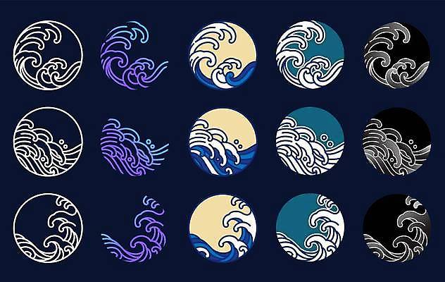 EPS 해외이미지 디자인 파도 일러스트 사람없음 세트 원형 심볼 라인아트 그라데이션 해외일러스트 도형 선 바다 파일형식 벡터 이미지허브