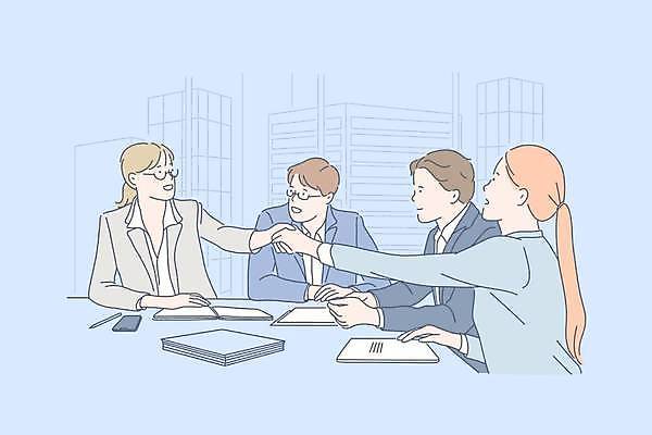 EPS 해외이미지 여자 남자 하늘색 일러스트 비즈니스 회의 협력 악수 정장 여러명 상반신 성인 비즈니스맨 비즈니스우먼 성인만 해외일러스트 옷 다수 사람 손짓 파란색 직장인 파일형식 벡터 이미지허브