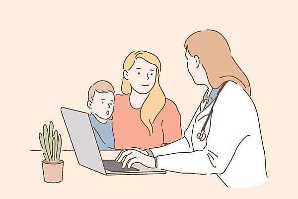 EPS 해외이미지 응시 여자 남자 화분 어린이 일러스트 청진기 함께함 소년 상반신 성인 세명 노트북 건강관리 진료 의사 소아과 코랄 해외일러스트 시선 컬러 컨셉 의학 의료기기 건강 병원 관리 사람 전자제품 의료진 파일형식 벡터 이미지허브