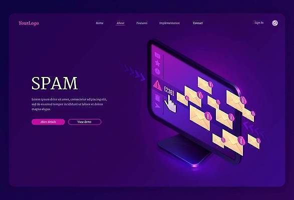 EPS 해외이미지 디자인 일러스트 경고 사람없음 그래픽 홈페이지 디지털 모니터 보라색 이메일 아이소메트릭 스팸 스팸메일 인터페이스 해외일러스트 컬러 컴퓨터 파일형식 벡터 이미지허브