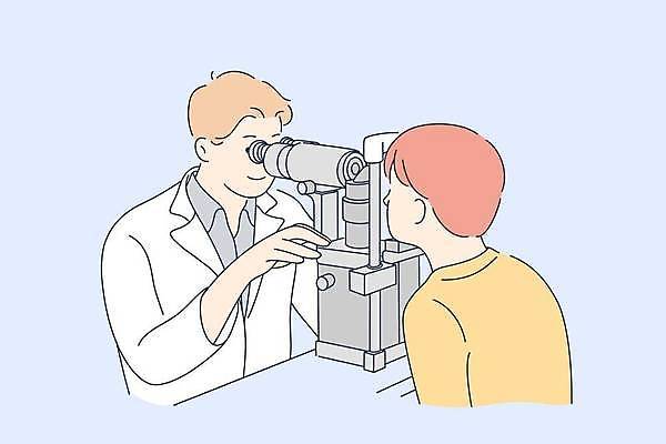 EPS 해외이미지 남자 일러스트 청소년 상반신 성인 두명 안과 시력검사 안과용의료기구 안과의사 남자만 해외일러스트 병원 사람 의사 의료용품 검사_조사 파일형식 벡터 이미지허브