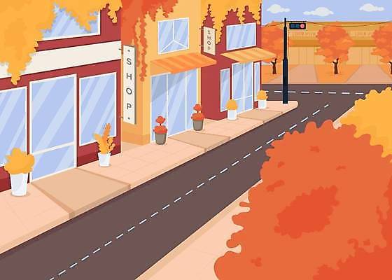 EPS 해외이미지 일러스트 거리 풍경 사람없음 야외 도시풍경 상점 주황색 가을 도시 도심 심플 타운 해외일러스트 계절 컬러 파일형식 벡터 이미지허브