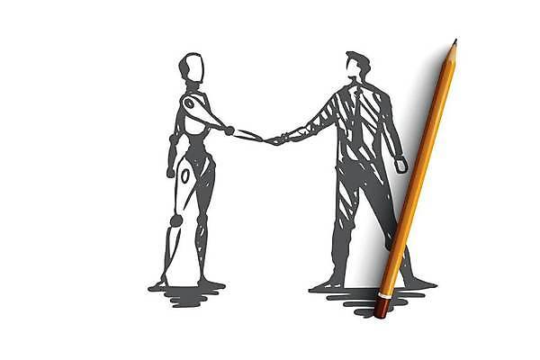 EPS 해외이미지 전신 남자 컨셉 일러스트 비즈니스 악수 한명 성인 연필 경쟁 비즈니스맨 라이벌 스케치 로봇 손그림 얼굴없음 성인남자한명만 해외일러스트 1 학용품 미술 사람 손짓 필기구 직장인 남자한명만 성인남자만 파일형식 벡터 이미지허브