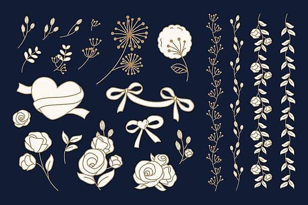 EPS 해외이미지 꽃 리본 잎 일러스트 사랑 사람없음 파란색 세트 하트 민들레 심플 잎줄기 스타일 해외일러스트 모양 식물 감정 줄기 컬러 파일형식 벡터 이미지허브