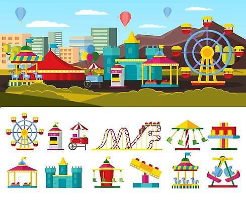 EPS 해외이미지 일러스트 산 사람없음 건물 세트 놀이공원 열기구 성 놀이기구 서커스 대관람차 회전목마 롤러코스터 바이킹 범퍼카 티켓박스 해외일러스트 건축물 항공교통 상자 테마파크 파일형식 벡터 이미지허브