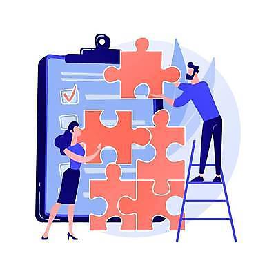 EPS 해외이미지 전신 여자 남자 일러스트 비즈니스 사다리 성인 두명 체크표시 퍼즐조각 서류판 조각맞추기 성인만 해외일러스트 조각 사람 사무용품 도구 퍼즐 확인 맞추기 파일형식 벡터 이미지허브