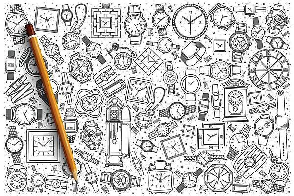 EPS 해외이미지 시계 일러스트 종류 사람없음 세트 연필 다양 자명종 스케치 손목시계 손그림 회중시계 괘종시계 해외일러스트 다수 장신구 학용품 미술 필기구 알람 파일형식 벡터 이미지허브