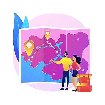 EPS 해외이미지 전신 라이프스타일 여자 남자 허리손 지도 일러스트 배낭 서기 성인 두명 위치 루트 얼굴없음 성인만 해외일러스트 포즈 가방 모션 사람 생활 파일형식 벡터 이미지허브