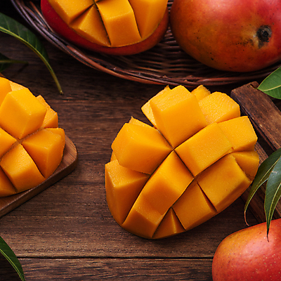포토 JPG 해외이미지 스튜디오촬영 나뭇잎 사람없음 목재 노란색 바구니 망고 해외포토 나무 컬러 잎 재료 실내 열대과일 파일형식 이미지허브