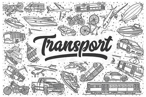 EPS 해외이미지 손글씨 교통수단 일러스트 자동차 버스 비행기 타이포그라피 사람없음 세트 자전거 오토바이 열기구 낙서 크루즈 라인아트 비행선 손그림 모터보트 트램 해외일러스트 문자 선 육상교통 교통 배_교통 항공교통 대중교통 바이크 파일형식 벡터 이미지허브