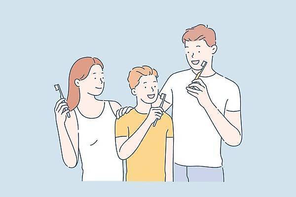 EPS 해외이미지 여자 남자 행복 아들 어린이 일러스트 엄마 들기 소년 상반신 성인 세명 파란색 양치 아빠 칫솔 어깨에손 해외일러스트 감정 컬러 가족 모션 사람 위생용품 청결 파일형식 벡터 이미지허브