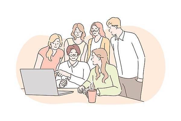 EPS 해외이미지 응시 여자 남자 커피 일러스트 비즈니스 회의 여러명 상반신 성인 컵 노트북 가리킴 비즈니스맨 비즈니스우먼 동료 주머니손 성인만 해외일러스트 식기 시선 음료 다수 관계 모션 사람 손짓 전자제품 직장인 파일형식 벡터 이미지허브