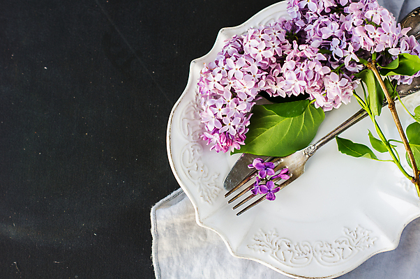 포토 JPG 해외이미지 식기 접시 포크 검은배경 사람없음 나이프 천 라일락 해외포토 꽃 백그라운드 검은색 직물 칼 파일형식 이미지허브