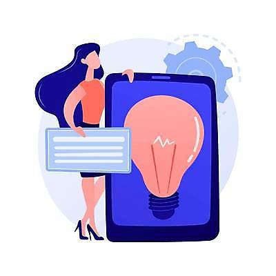 EPS 해외이미지 전신 여자 일러스트 비즈니스 전구 한명 들기 성인 태블릿 톱니바퀴 성인여자한명만 해외일러스트 1 모션 사람 전자제품 스마트기기 여자한명만 성인여자만 파일형식 벡터 이미지허브