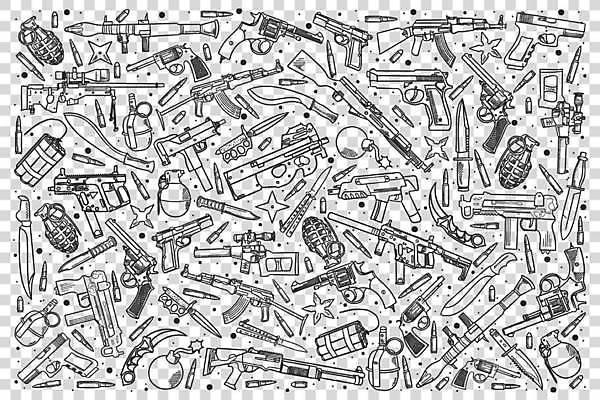 EPS 해외이미지 무기 일러스트 사람없음 세트 권총 총 칼 낙서 위험 폭탄 라인아트 손그림 기관총 총알 수류탄 표창 다이너마이트 바주카포 잭나이프 해외일러스트 선 컨셉 폭발물 파일형식 벡터 이미지허브