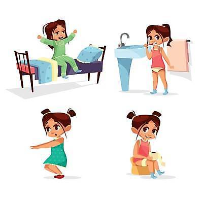 EPS 해외이미지 전신 라이프스타일 여자 어린이 일러스트 아침 서기 들기 앉기 여러명 일상 수건 운동 양치 침대 세수 씻기 세면대 변기 두루마리화장지 변기통 소녀만 해외일러스트 주간 가구 다수 모션 건강 사람 라이프 생활 위생용품 청결 화장지 여자만 어린이만 파일형식 벡터 이미지허브