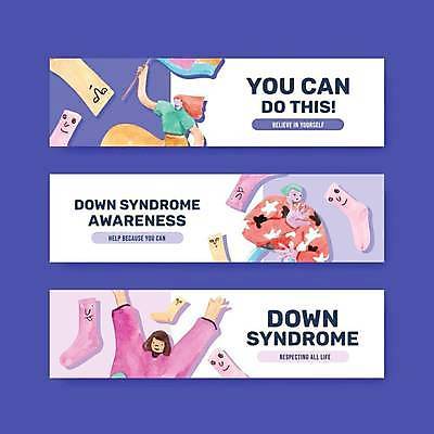 EPS 해외이미지 템플릿 배너 여자 기념일 가로배너 어린이 일러스트 양말 표정 들기 상반신 성인 세명 보라색 만세 흰색 깃발 다운증후군 연대 여자만 배너세트 증후군 해외일러스트 컬러 모션 사람 이벤트 가로 세트 질병 파일형식 벡터 이미지허브