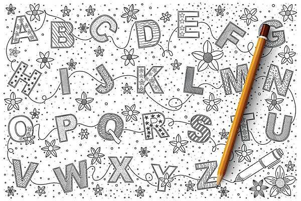 EPS 해외이미지 알파벳 꽃 일러스트 대문자 사람없음 세트 연필 펜 스케치 손그림 해외일러스트 식물 영어 학용품 미술 필기구 파일형식 벡터 이미지허브