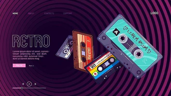 EPS 해외이미지 배너 백그라운드 일러스트 사람없음 보라색 카세트테이프 복고 해외일러스트 컬러 파일형식 벡터 이미지허브