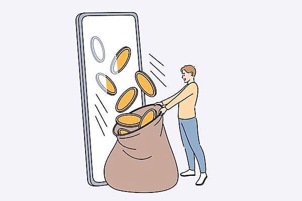 EPS 해외이미지 전신 남자 컨셉 돈 일러스트 비즈니스 한명 들기 성인 스마트폰 동전 비즈니스맨 돈자루 담기 쏟아짐 이익 수입 성인남자한명만 해외일러스트 1 모션 사람 핸드폰 스마트기기 직장인 재산 남자한명만 성인남자만 파일형식 벡터 이미지허브