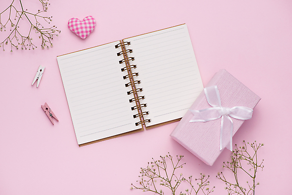 포토 JPG 해외이미지 실내 집게 사람없음 선물상자 하이앵글 다이어리 하트 안개꽃 플래너 카피스페이스 분홍색배경 해외포토 모양 꽃 뷰포인트 분홍색 백그라운드 선물 내부 상자 사무용품 공백 한해살이풀 파일형식 이미지허브