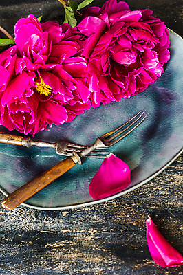 포토 JPG 해외이미지 식기 접시 포크 사람없음 작약 플랫레이 나무배경 해외포토 꽃 백그라운드 플랫 파일형식 이미지허브