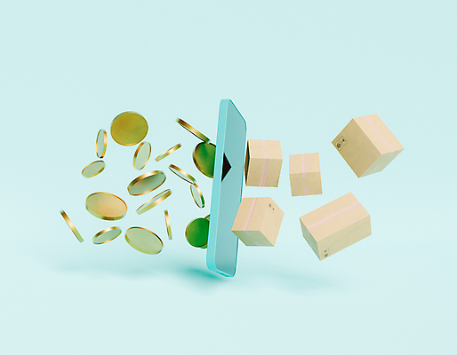 포토 JPG 해외이미지 하늘색 사람없음 스마트폰 3D 동전 디지털합성 모바일쇼핑 택배상자 모바일뱅킹 해외포토 돈 파란색 핸드폰 스마트기기 상자 택배 온라인쇼핑 뱅킹 파일형식 이미지허브