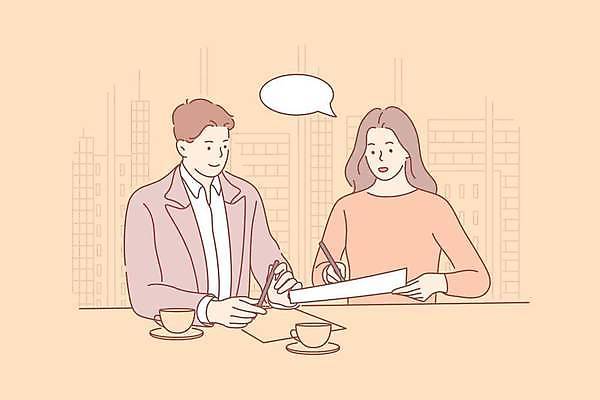 EPS 해외이미지 여자 남자 말풍선 일러스트 비즈니스 대화 들기 상반신 성인 두명 컵 펜 주황색 비즈니스맨 비즈니스우먼 컵받침 문서 성인만 해외일러스트 식기 컬러 모션 말하기 사람 필기구 직장인 받침대 파일형식 벡터 이미지허브