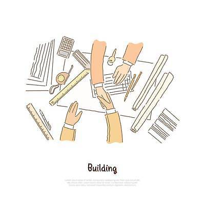 EPS 해외이미지 손 일러스트 비즈니스 열쇠 악수 줄자 자 신체부위 연필 설계도 계산기 해외일러스트 문구용품 학용품 건설업 사람 손짓 필기구 장비 파일형식 벡터 이미지허브