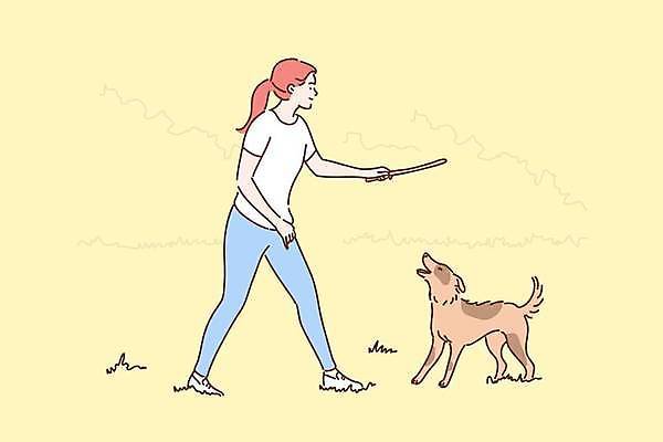 EPS 해외이미지 전신 한마리 여자 반려견 일러스트 함께함 사랑 한명 서기 들기 성인 노란색 막대기 강아지 성인여자한명만 애견훈련 해외일러스트 1 감정 컬러 컨셉 모션 사람 반려동물 개 연습 여자한명만 성인여자만 파일형식 벡터 이미지허브