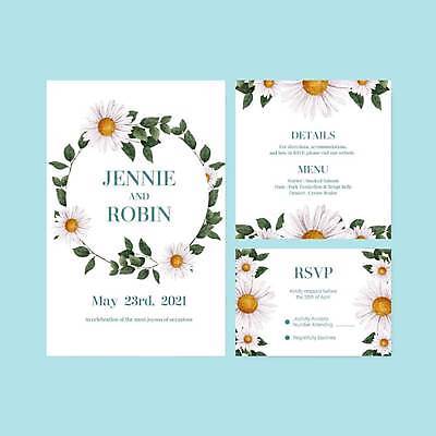 EPS 해외이미지 템플릿 꽃 결혼 잎 일러스트 사람없음 흰색 청첩장 데이지 초대 해외일러스트 식물 컬러 카드_감사 이벤트 파일형식 벡터 이미지허브